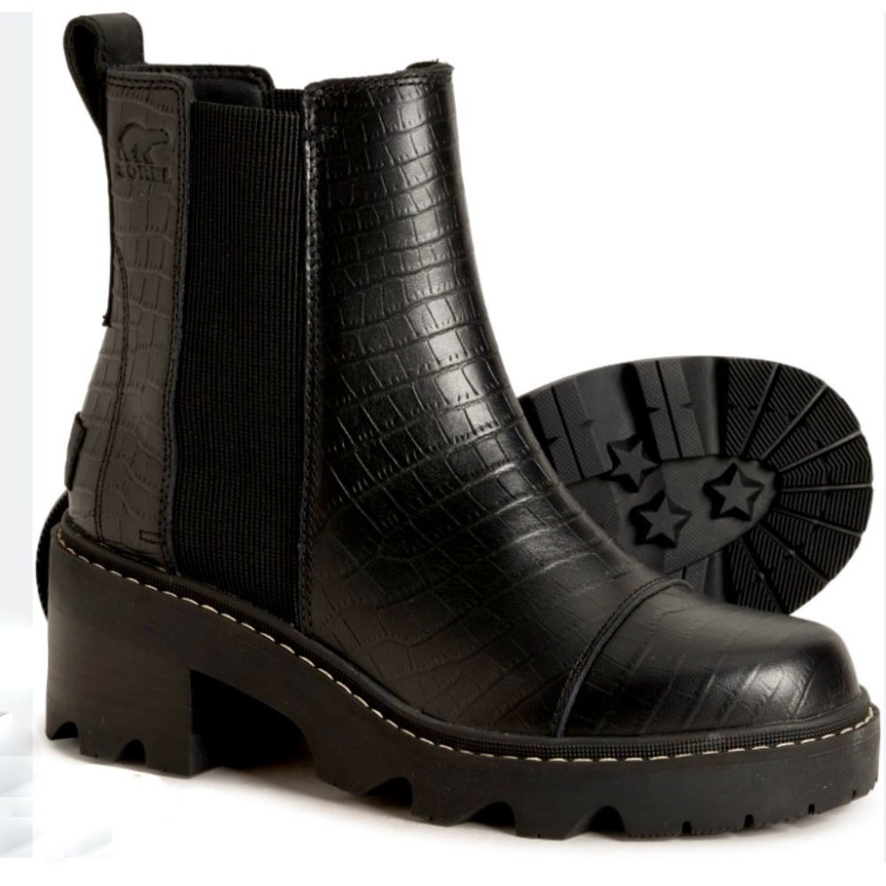 Sorel Joan Now Waterproof Chelsea Boot, black leather croc, LIKE NEW